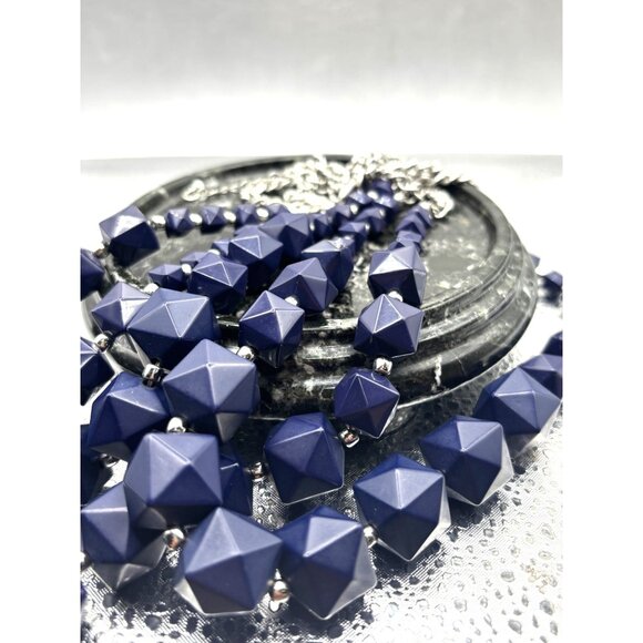 Charming Charly Chunky Geometric Blue Beaded Statement Necklace on Silver Chain - Picture 7 of 11